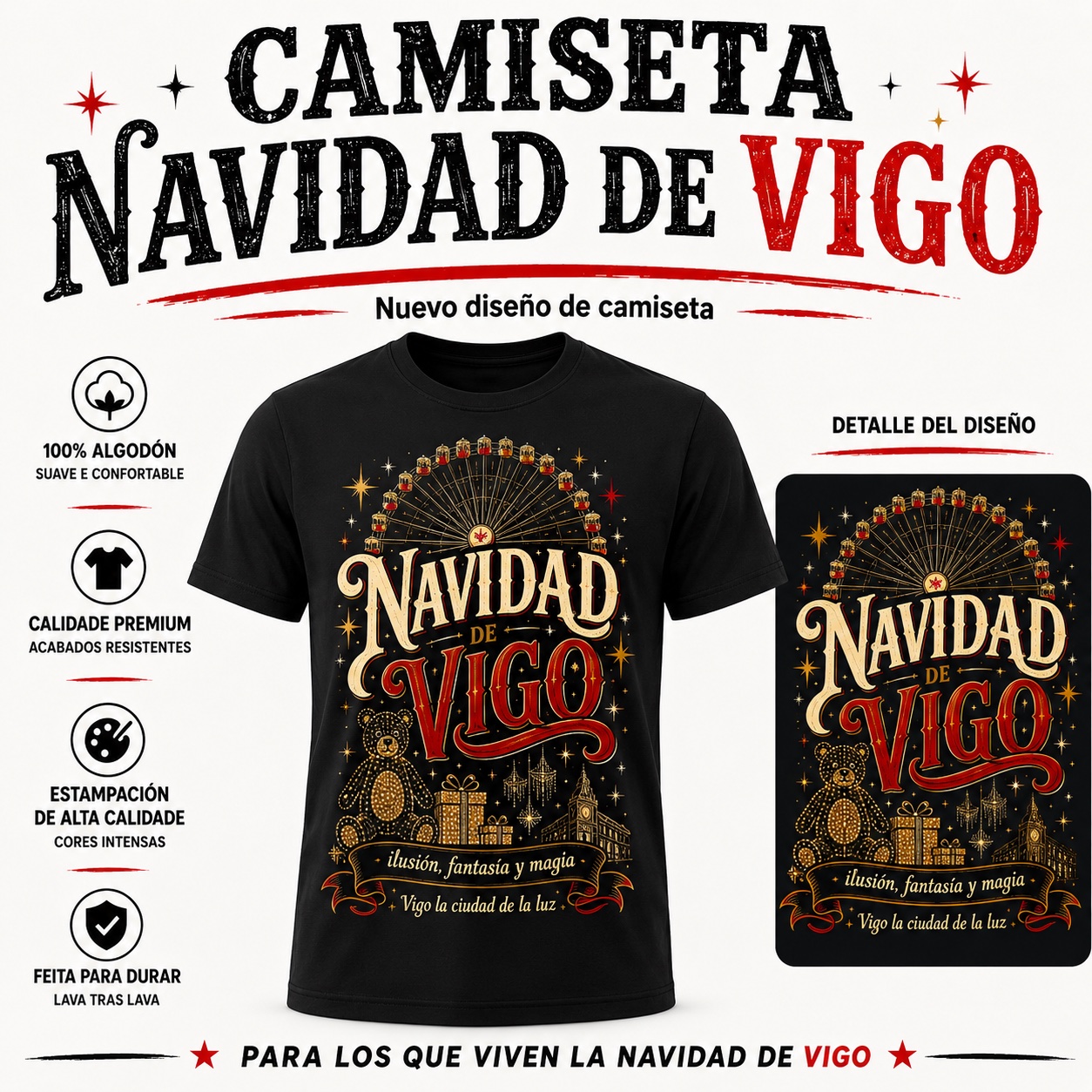 Camiseta negra Navidad de Vigo con noria, oso de luces, monumentos y la frase Para los que viven la Navidad de Vigo
